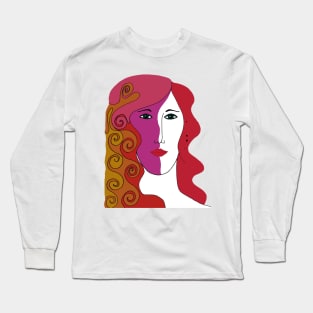 Woman's Face with Red, Pink and Orange Colored Hair Long Sleeve T-Shirt